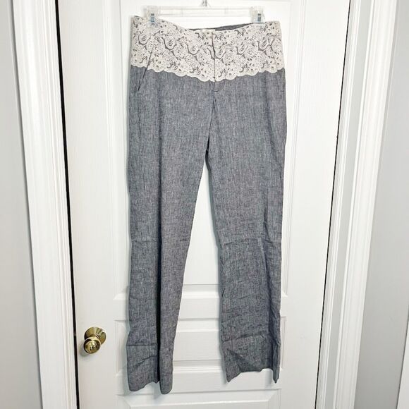 Elevenses Brighton Chambray Lace Overlay Lightweight Linen Pocket Flare Pant - Picture 1 of 10